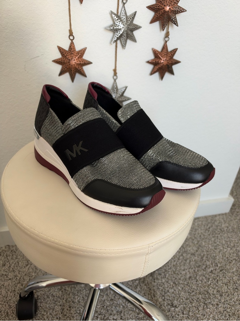 Michael Kors Gray Knit Slip-On Sneakers with Burgundy Trim